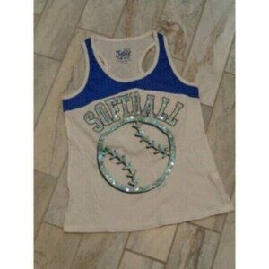 Justice girl's size 12 white/blue Softball sequined sparkly tank top